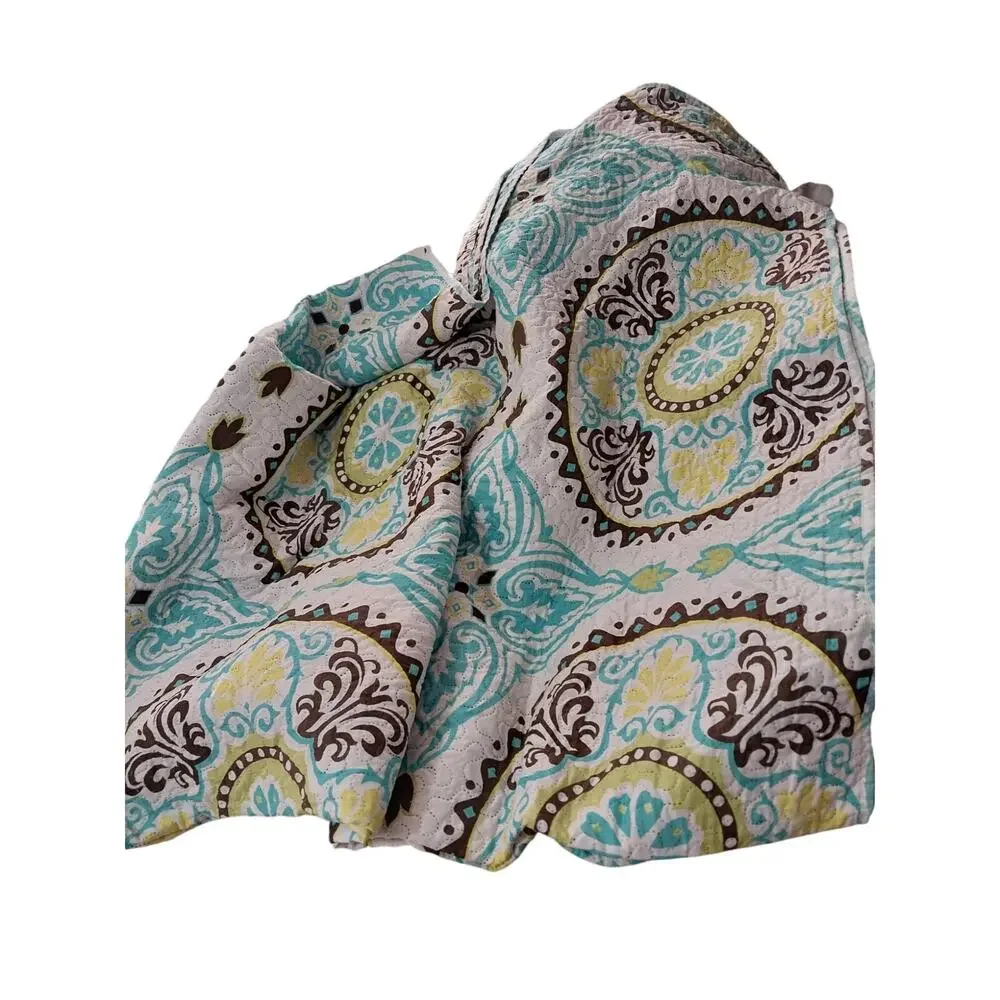 SPIRIT LINEN! WHITE W/YELLOW, AQUA & BROWN MANDALA QUILT & 2 SHAMS! SZ QN